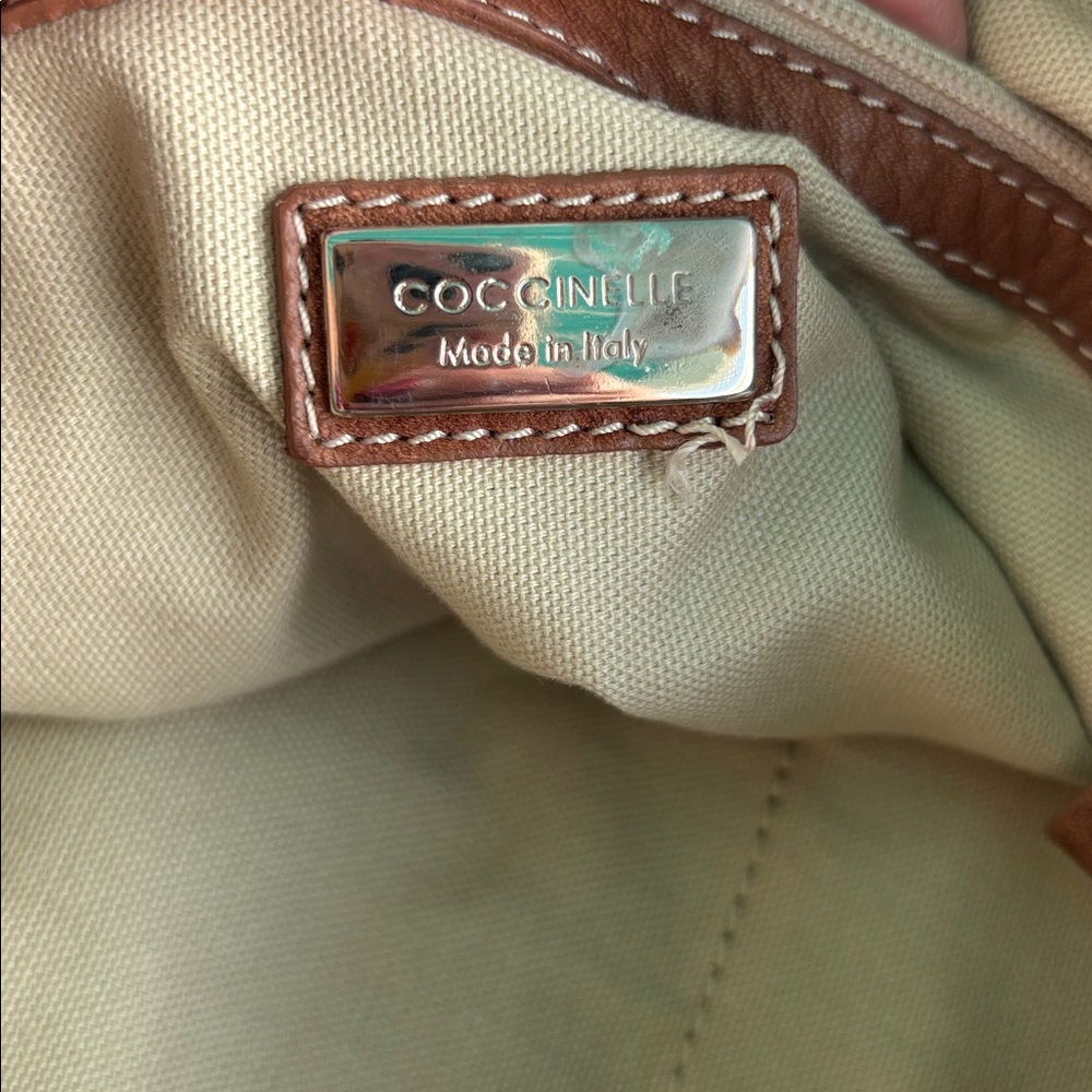 COCCINELLE BRAND MADE IN ITALY OLIVE GREEN AND BROWN SATIN LIKE CANVAS TOTE BAG - Picture 8 of 12